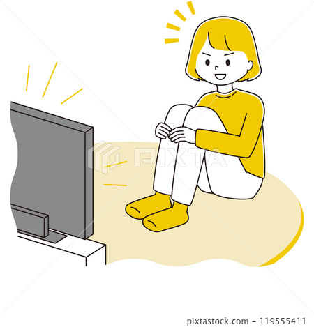 一個女人坐在三角形位置認真看電視的插圖 119555411