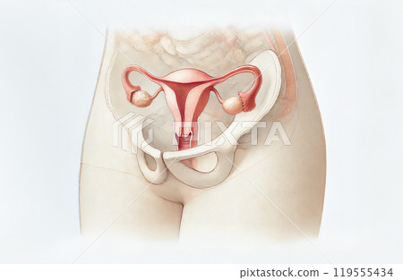 An illustration of the pelvic anatomy and uterus from an oblique perspective An illustration of the pelvic anatomy and uterus from an oblique perspective 119555434