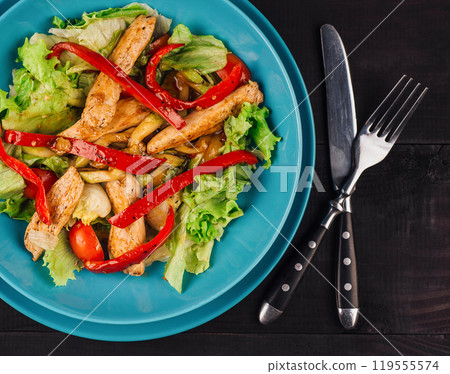 Delicious salad with grilled chicken and red pepper dressing on turquoise plate Delicious salad with grilled chicken and red pepper dressing on turquoise plate 119555574