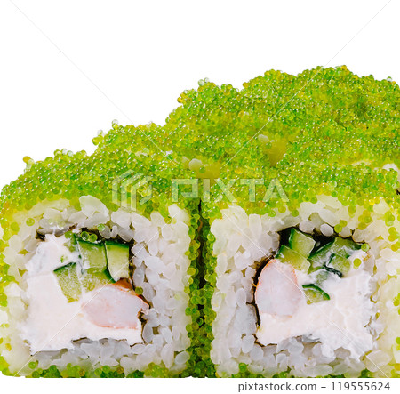 Sushi rolls covered with green tobiko roe showing ingredients Sushi rolls covered with green tobiko roe showing ingredients 119555624