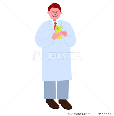 Full-body illustration of a man wearing glasses and a white coat operating a smartphone Full-body illustration of a man wearing glasses and a white coat operating a smartphone 119555635