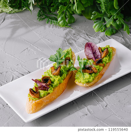 Gourmet avocado toast garnished with sauteed mushrooms, fresh herbs, and edible leaves on a modern white plate Gourmet avocado toast garnished with sauteed mushrooms, fresh herbs, and edible leaves on a modern white plate 119555640