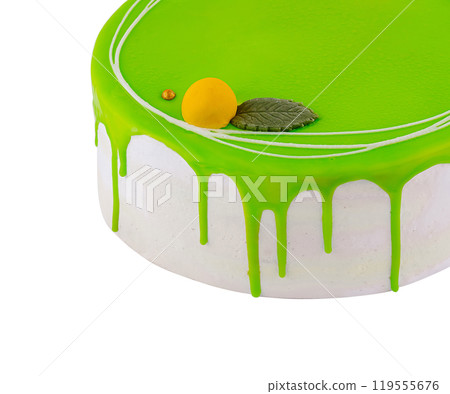 Delicious birthday cake covered with green icing on white background Delicious birthday cake covered with green icing on white background 119555676