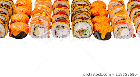 Delicious sushi rolls with different fillings are lying on a white background 119555680
