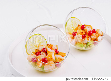 Fresh citrus shrimp ceviche in glass bowls 119555737