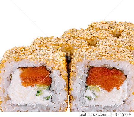 California sushi roll with sesame seeds isolated on white California sushi roll with sesame seeds isolated on white 119555739