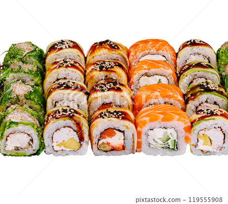 Different types of sushi forming a colorful composition on white background 119555908