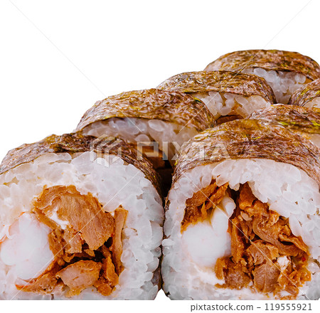 Delicious sushi rolls with smoked eel and cream cheese filling close up Delicious sushi rolls with smoked eel and cream cheese filling close up 119555921