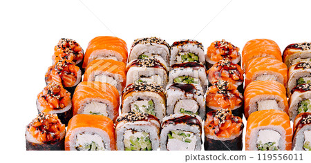 Sushi set with salmon, cucumber and cream cheese being presented on white background Sushi set with salmon, cucumber and cream cheese being presented on white background 119556011