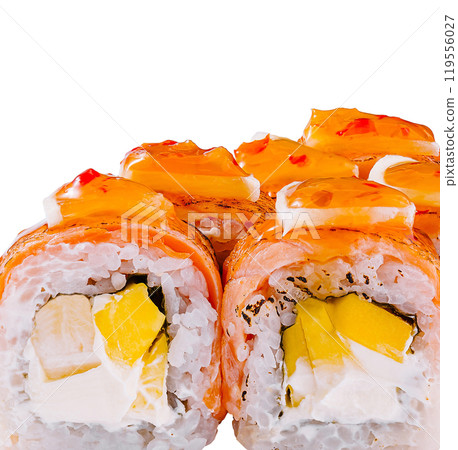 Sushi rolls with salmon, mango and cream cheese covered with sauce Sushi rolls with salmon, mango and cream cheese covered with sauce 119556027