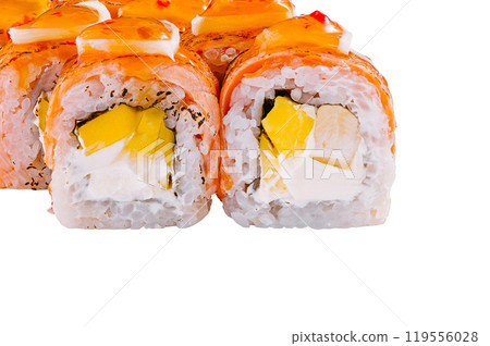 Sushi rolls with salmon, mango, cream cheese and sauce standing in line on white background Sushi rolls with salmon, mango, cream cheese and sauce standing in line on white background 119556028