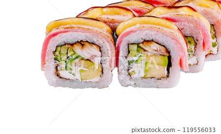 Sushi set showing salmon cucumber avocado and chicken filling 119556033