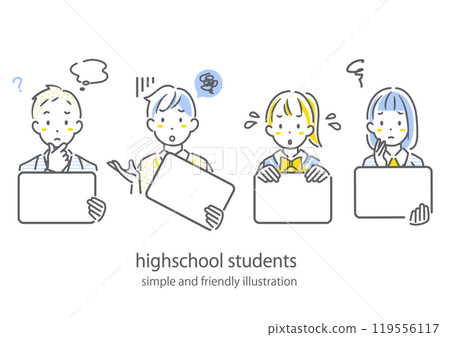 A simple and stylish line drawing of a high school student thinking about his future and preferred school 119556117