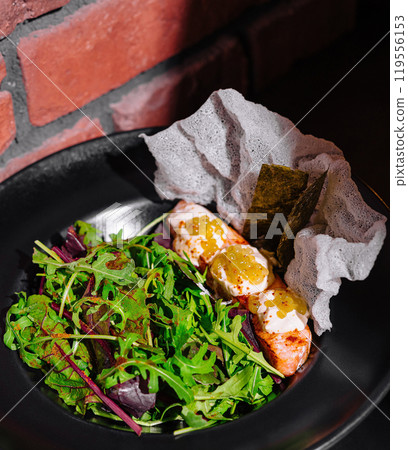 Gourmet prawn salad with greens and dressing Gourmet prawn salad with greens and dressing 119556153