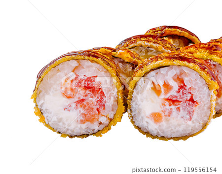 Tempura maki sushi rolls with salmon and cream cheese lying on white background Tempura maki sushi rolls with salmon and cream cheese lying on white background 119556154