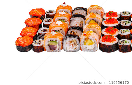 Large sushi set with salmon, philadelphia cheese, avocado, mango, tobiko and cheese cream presenting variety of japanese cuisine 119556170