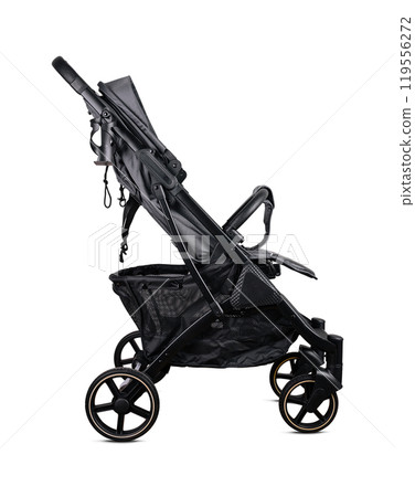 Modern black baby stroller isolated on white background 119556272