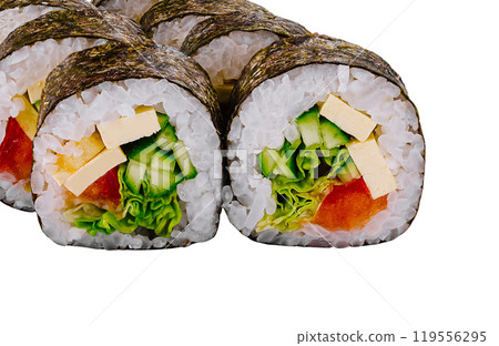 Delicious vegetarian sushi rolls with tofu and vegetables on white background Delicious vegetarian sushi rolls with tofu and vegetables on white background 119556295