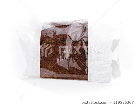 Freshly baked loaf of bread wrapped in plastic on white background Freshly baked loaf of bread wrapped in plastic on white background 119556307
