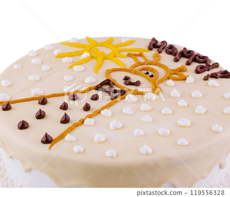 Delicious birthday cake decorated with sun and chocolate is waiting on white background Delicious birthday cake decorated with sun and chocolate is waiting on white background 119556328