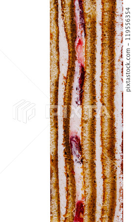 Delicious layered cake with cream filling and red jam on white background 119556354