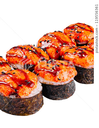 Delicious sushi rolls with spicy sauce and sesame seeds on white background Delicious sushi rolls with spicy sauce and sesame seeds on white background 119556361