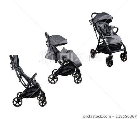Modern gray baby stroller showing different positions isolated on white background Modern gray baby stroller showing different positions isolated on white background 119556367