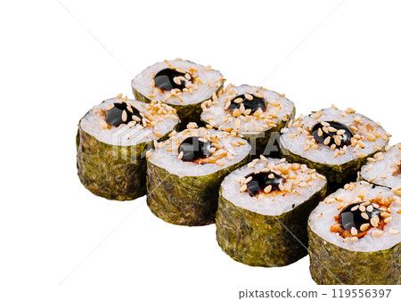 Sushi set with unagi sauce is served on a white background Sushi set with unagi sauce is served on a white background 119556397