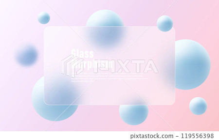 Website landing page template in glass morphism style. Frosted glass partition with floating spheres. Website landing page template in glass morphism style. Frosted glass partition with floating spheres. 119556398