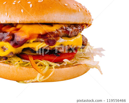 Juicy double cheeseburger on white background 119556466