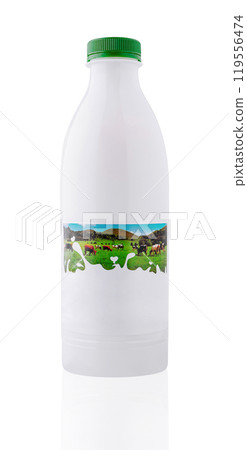 White plastic milk bottle with green cap showing cows grazing on field White plastic milk bottle with green cap showing cows grazing on field 119556474