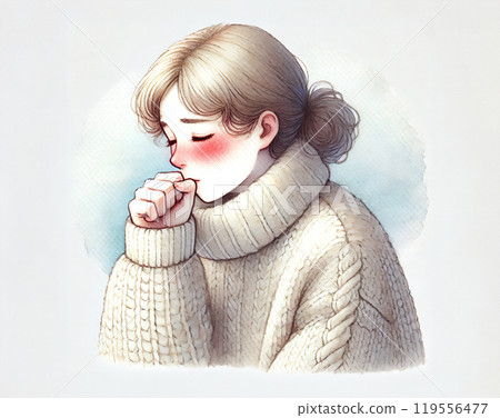 A woman who has a cold and coughs 119556477