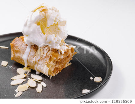 apple strudel with vanilla ice cream on plate apple strudel with vanilla ice cream on plate 119556509