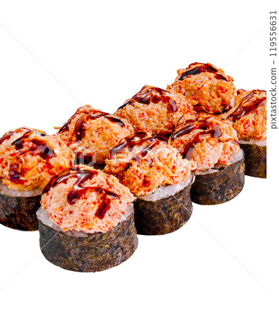 Spicy sushi rolls covered with cream cheese and sauce standing in line on white background 119556631