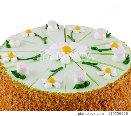 Delicious biscuit cake with butter cream and decorated with daisies being cut into slices Delicious biscuit cake with butter cream and decorated with daisies being cut into slices 119556656