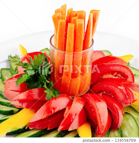 Freshly cut vegetables forming a colorful and healthy salad 119556709