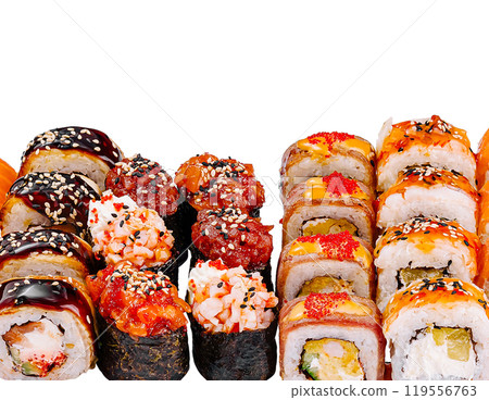 Large set of various sushi and rolls is lying on a white background Large set of various sushi and rolls is lying on a white background 119556763
