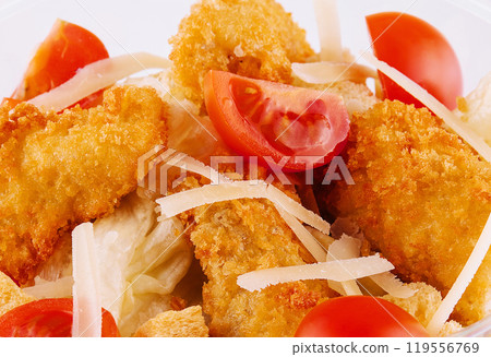 Vibrant close-up of a crispy chicken salad with fresh tomatoes and shaved cheese Vibrant close-up of a crispy chicken salad with fresh tomatoes and shaved cheese 119556769