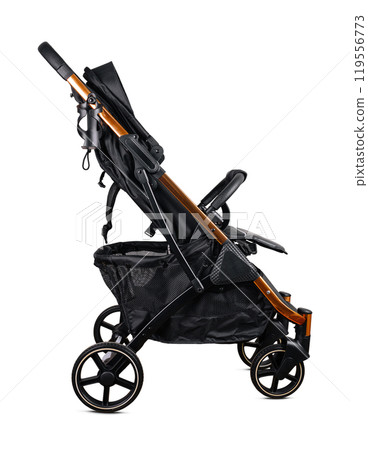 Modern black and bronze baby stroller isolated on white background Modern black and bronze baby stroller isolated on white background 119556773