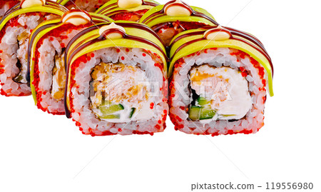 Sushi rolls covered with tobiko roe and avocado slices on white background 119556980