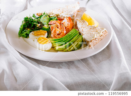 Delicious healthy breakfast plate with shrimps avocado and eggs for keto diet Delicious healthy breakfast plate with shrimps avocado and eggs for keto diet 119556995