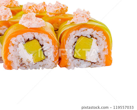 Appetizing sushi roll platter isolated on white 119557033