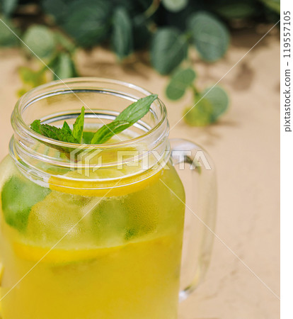 Refreshing homemade lemonade with mint and lemon slices in a mason jar glass 119557105