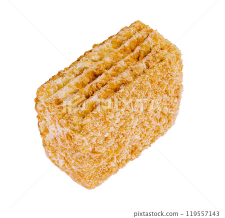 Delicious multi layered napoleon cake with crumb topping on white background 119557143