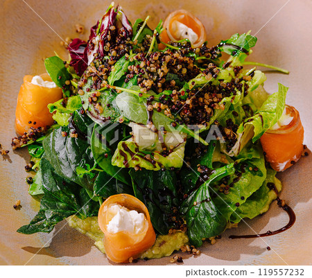 Fresh gourmet salmon salad on elegant plate Fresh gourmet salmon salad on elegant plate 119557232