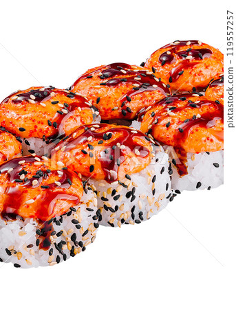 Sushi rolls topped with spicy sauce and sesame seeds on white background 119557257