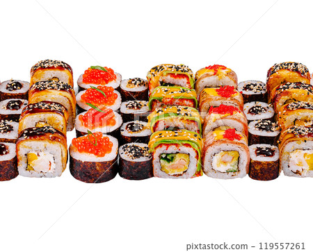 Large sushi set with variety of rolls and ingredients on white background 119557261