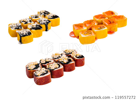 Sweet sushi set with chocolate and fruit topping isolated on white background Sweet sushi set with chocolate and fruit topping isolated on white background 119557272