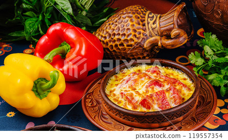 Georgian cuisine being served on a table with a blue tablecloth 119557354