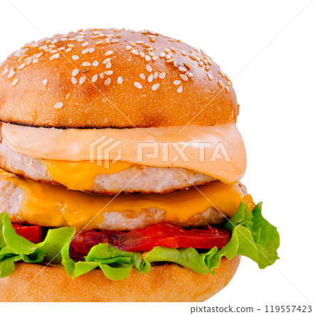 Double burger with lettuce, tomato, cheese and sauce on white background 119557423